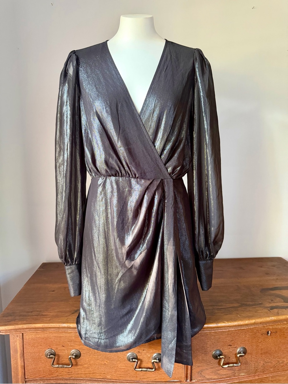 Metallic Silver and Black Wrap Dress - Elegant Long Sleeve